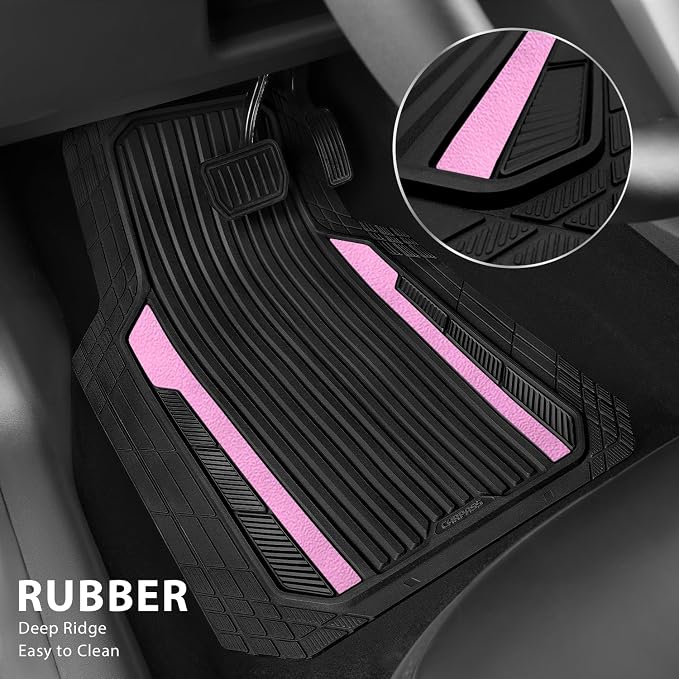 CAR PASS Heavy Duty Rubber Car Mats Metallic, Aluminum Film Cute All Weather Floor Mats Waterproof Universal Trim to Fit for SUV Sedan Van 4 Piece Deep Dish Two-Tone Sporty Black Light Pink Chrome - Image 7