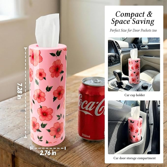 Car Tissues Cylinder for Cup Holder - Refillable Round Tissues Canister with 2 Packs Tissue - Cute Tropical Floral Car Interior Accessories for Women & Men - Hawaiian Style Cars Decor (Pink Hibiscus) - Image 6