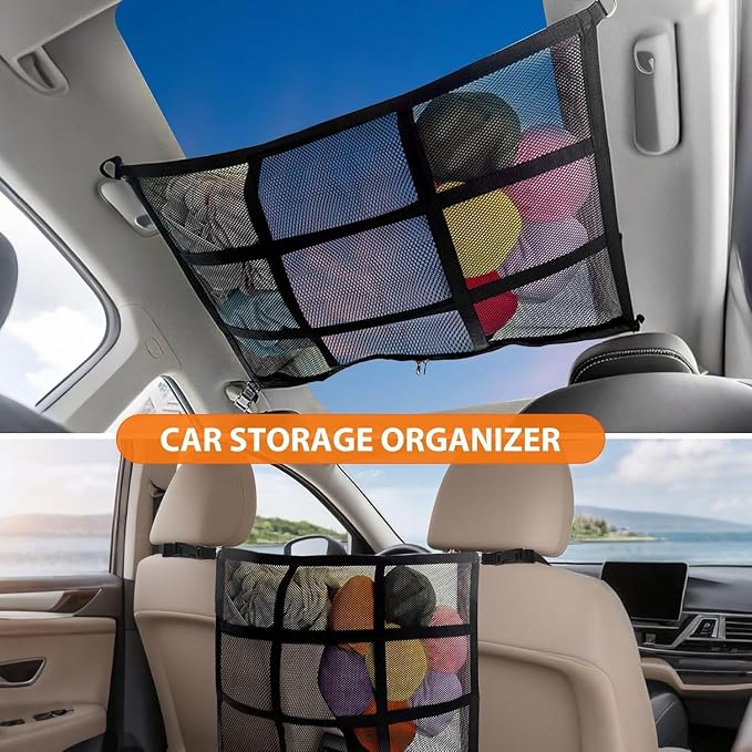 Dog Car Net Barrier,Universal Fit Sturdy Double-Layer Mesh 31.5"x23.6" Car Ceiling Cargo Net Pocket with Flexible Bungee Cords for Seat Movement Easy to Install - Image 6
