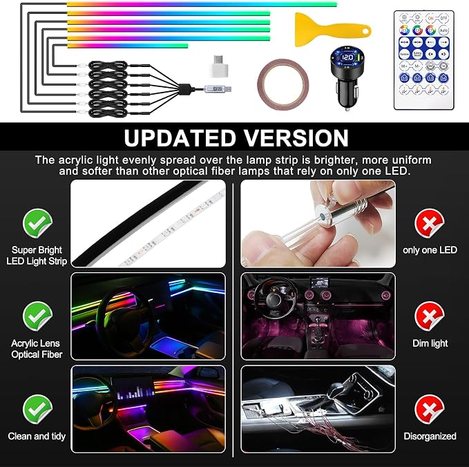 Dreamcolor Acrylic Interior Car LED Strip Light with USB/Type C/4-Port Cigarette Lighter,RGB 6 in 1 with 187 inches 650 LEDs Ambient Lighting Kits, Sound Active Function Neon Led Strips for Car - Image 5