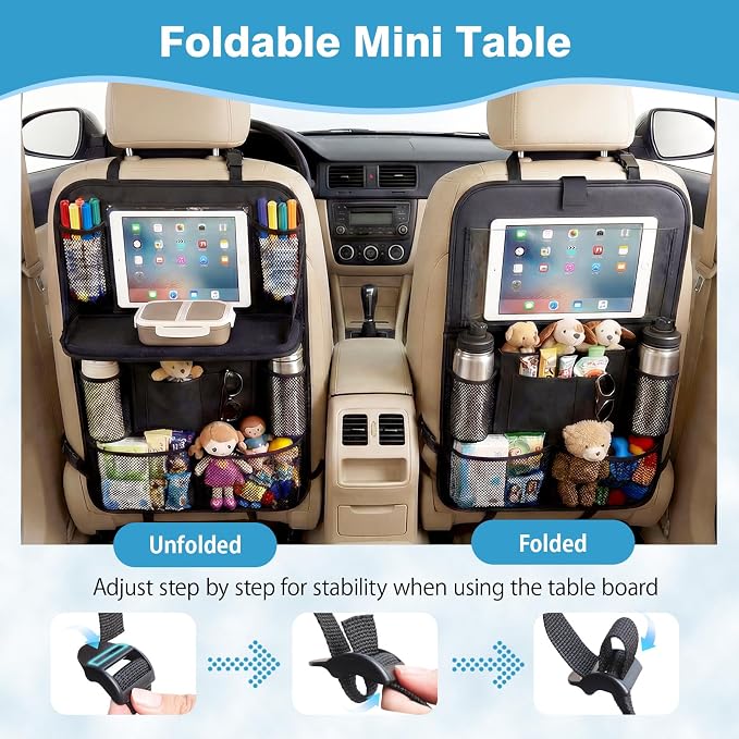 Car Backseat Organizer with Foldable Table Tray & Touchable Tablet Holder | Oxford Fabric,11 Large Capacity Storage Pockets.Kick Mat Protector for Family Road Trip Travel - Image 3