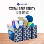 Extra Large Utility Tote Bag - Oversized Collapsible Reusable Wire Frame Rectangular Canvas Basket With Two Exterior Pockets For Beach, Pool, Laundry, Car Trunk, Storage - Navy Sunflower - Image 7