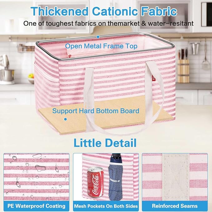 LHZK Standing Utility Tote Bag with Metal Wire Frame and the Sides Rinforced, Large Tote Bag with Handle, Reusable Grocery Bags Foldable, Beach Bag, Car Tote (Pink, 18.5''x11.8''x11.5'') - Image 4