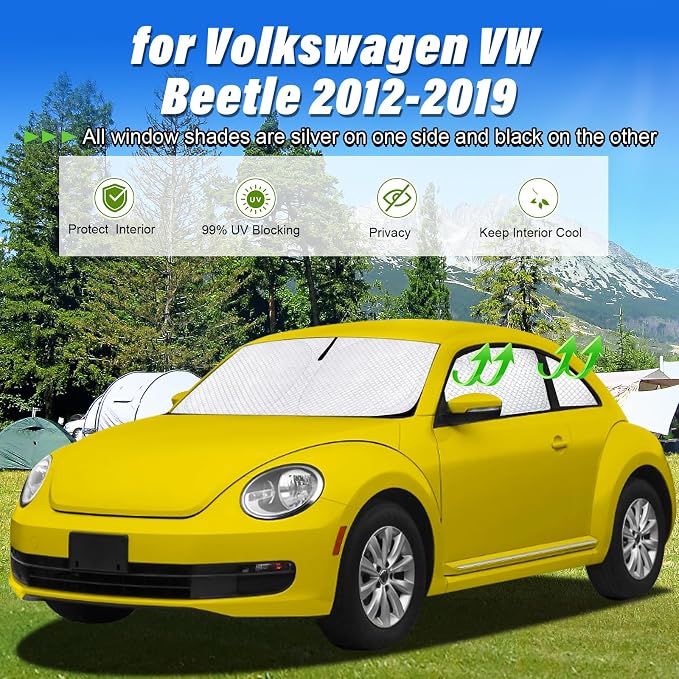 KMF 6pcs Thicken Sun Shades for Volkswagen VW Beetle 2012-2019 Accessories, Full Car Window Covers Sunshade for Windshield Side Rear, Custom Fit UV Block and Privacy Blackout for Car Camping Outdoor - Image 2