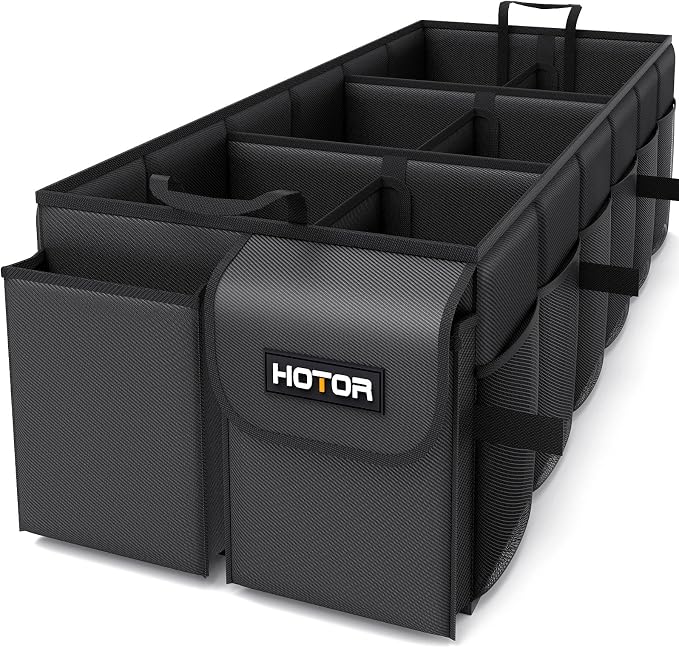 HOTOR Trunk Organizer - Foldable Car Organizer for SUVs & Sedans Storage | Sturdy Car Organization for Men & Women, Car Accessories, Tools, Sundries, Black, 6 Compartments, 34.8" x 16.0" x 11.6" by HOTOR