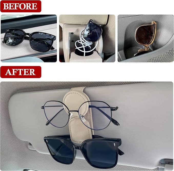 KIWEN Sunglasses Holder for Car Visor, Magnetic Leather Sunglass Eyeglass Hanger Clip for Car Sun Visor Accessories (1, Beige) - Image 3