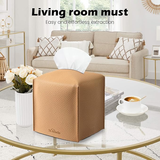 Tissue Box Cover, Tclouda, Modern PU Leather Square Tissue Box Holder for Creative Decorative, Ideal for Bathrooms/Office/Car/Nightstand/Outdoor Tent/Dining Table, 5"X5"X5", Single Claybank - Image 3