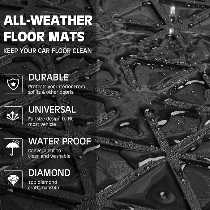 CAR PASS Bling Diamond Car Mats Rubber Floor Mats Full Set Anti-Slip 3D Rhombus Waterproof Trim to Fit Liner Universal Glitter Crystal Sparkly Shining Rhinestone Girl Women SUV Sedan, Black Diamond - Image 6