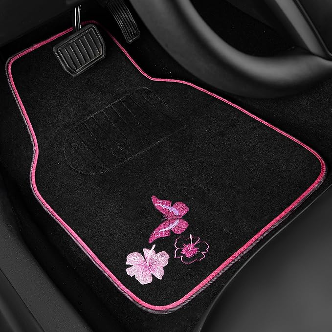 CAR PASS Embroidery Butterfly Steering Wheel Cover and Waterproof Car Floor Mats,Pink Car Mats 14.5-15inch Steering Wheel Covers Universal Fit for Cars, Suvs,Sedans,Van,for Women Girl(Black and Pink) - Image 7
