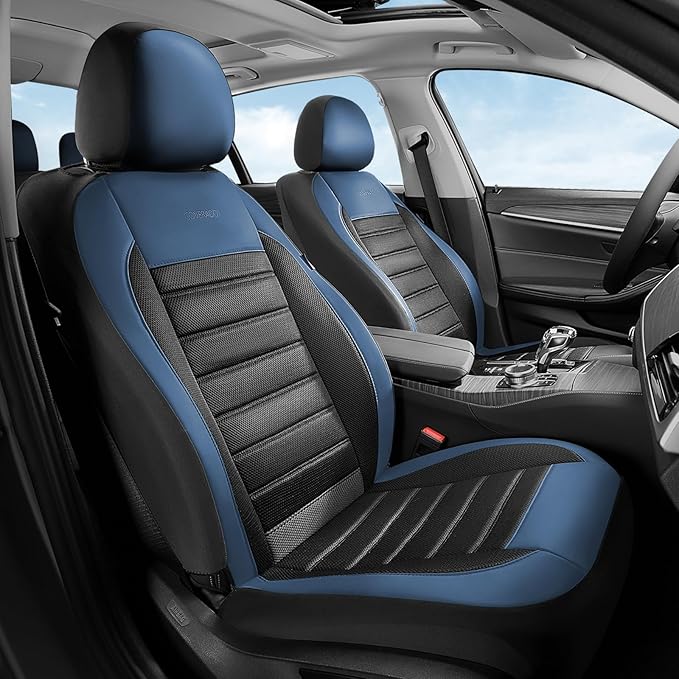 Coverado Car Seat Covers Full Set, Luxury Leather Car Seat Covers, Automotive Front and Rear Mesh Seat Covers, Full Set 5 Seats, Blue Black Seat Covers for SUV Sedan Truck - Image 2