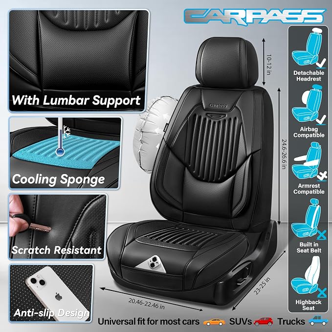 CAR PASS Luxury Nappa Leather Car Seat Covers Two Front, Lumbar Support Seat Covers for Car 2 Seats, Waterproof Car Seat Protector, Automotive Seat Cover Universal Fit for Most Sedans SUV Trucks Black - Image 2