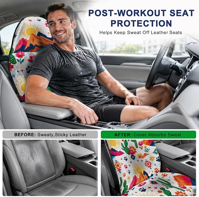Car Seat Towel Cover 2 Pack for Front Seats, Sweat Absorbent Car Seat Protector with Non-Slip Backing, Waterproof Towel Car Seat Covers for Runners, Gym, Swimming, Beach, Desert Cactus - Image 4