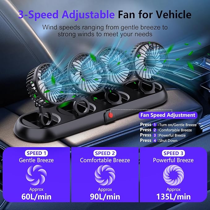 4-Head Car Fan,3-Speed Adjustable Car Cooling Fan for Vehicle,360°Rotatable Portable Cooling Fans for Car,USB/12V Cigarette Lighter Powered,Powerful Airflow for SUV Rv Sedan Van Boat - Image 5