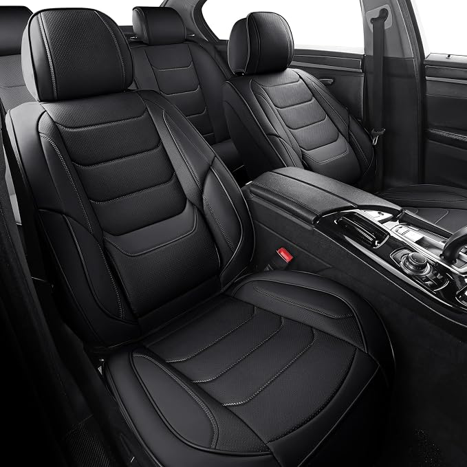 Leather Car Seat Covers Full Set Automotive Seat Protectors | Breathable Waterproof Durable Full Surround & Lumbar Support Design Non-Slip Universal Fit for Most Cars SUV Trucks Van Black - Image 2