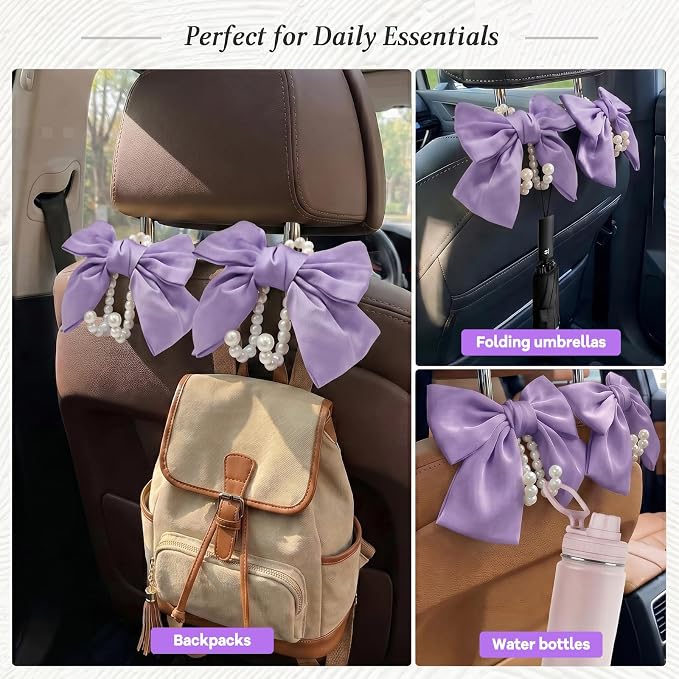 2PCS Satin Bow Pearl Car Seat Headrest Hooks – Car Bag Holder & Vehicle Hanger for Purses – Cute Coquette Aesthetic Interior Decoration – Cute Auto Organizer Accessories Universal (Lavender Purple) - Image 4