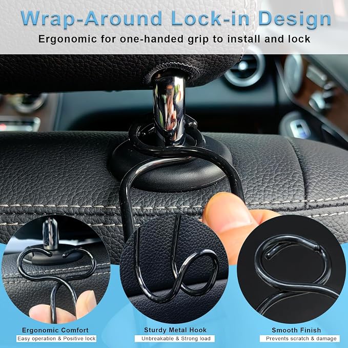 4 Pack Purse Hooks for Car SUV Truck Seat Front Back Organizer - 2*S + 2*L | Metal Hanger Headrest Holder for Handbag, Bag, Hardhat, Grocery Road Trip Must Haves Car Gadgets Accessories for Women - Image 3