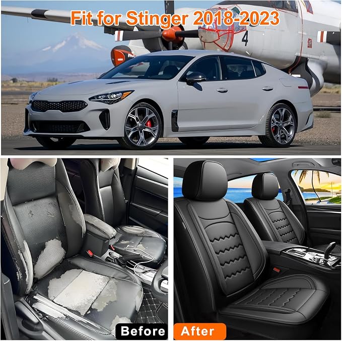 Stinger Car Seat Covers Custom Fit for Kia Stinger 2018-2023, Premium Full Coverage Leather Automotive Seat Protectors, All Seasons Waterproof Breathable, Airbag Compatible, (Full Set, Black) - Image 6