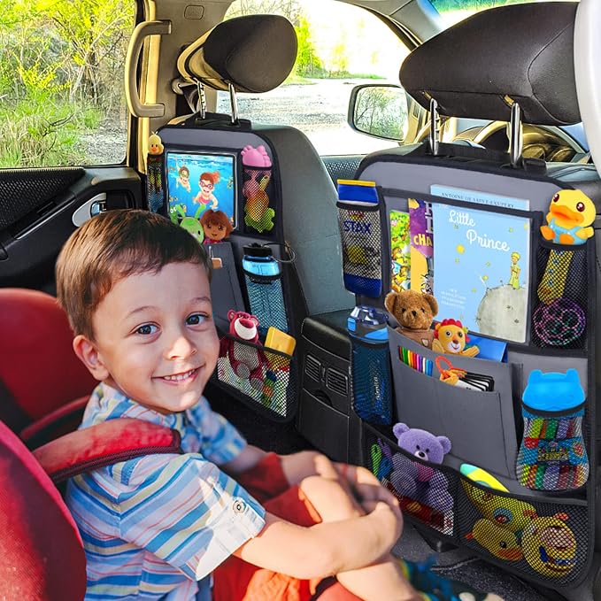 Backseat Car Organizer w/ 10 Storage Pockets 11" Tablet Holder, 2 PCS Gray | Car Organizers and Storage Kick Mats Back Seat Protector w/ Touch Screen Tablet Holder for Kids Toddlers, Travel Accessories - Image 7