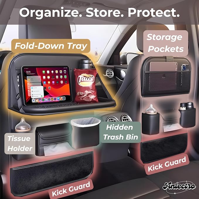 5-in-1 Backseat Car Organizer with Car Seat Tray, Car Backseat Organizers | Reinforced Fold-Down Car Seat Tray, Hidden Trash Bin, Tablet Holder, Vegan Leather, 8 Pockets - Image 2