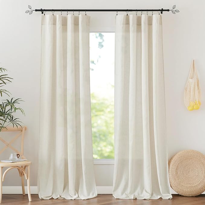 RYB HOME Linen Sheer Curtains 2 Panels for Living Room, Semi Transparent Privacy Drapes with Rod Pocket Farmhouse Style Window Treatments for Bedroom, Linen, 52" W x 102" L by RYBHOME