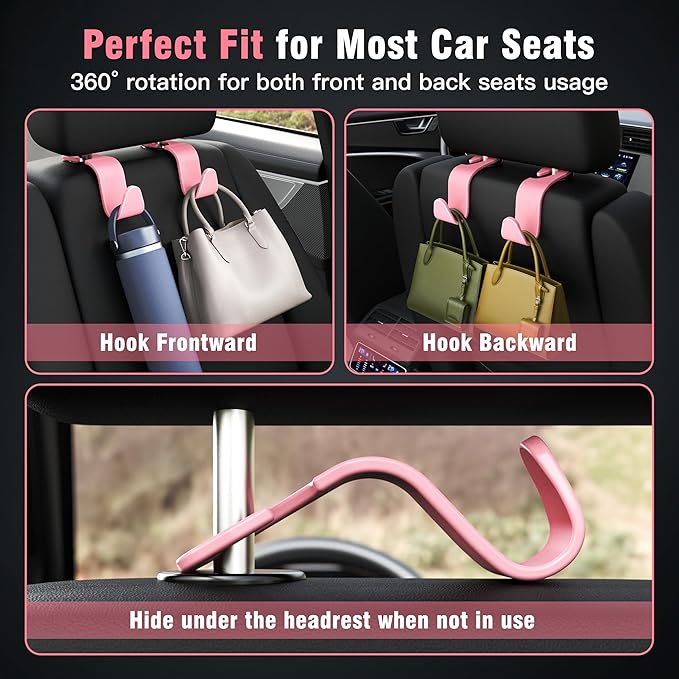 4-Pack Car Headrest Hooks Holds 55lbs Seat Storage Organizer for Bags | Durable ABS Material, 360° Rotating, Car Hanger for Backpack Umbrella Water Bottle Coat Purses Handbags Groceries, Pink - Image 5