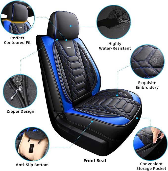 FREESOO for Toyota Tundra Seat Covers 2007-2021 Crewmax Cab 2 Front Set | 2pcs, Custom Fit, Airbag Compatible, Premium Waterproof Leather, for Truck Toyota Tundra Accessories, BlackBlue - Image 4