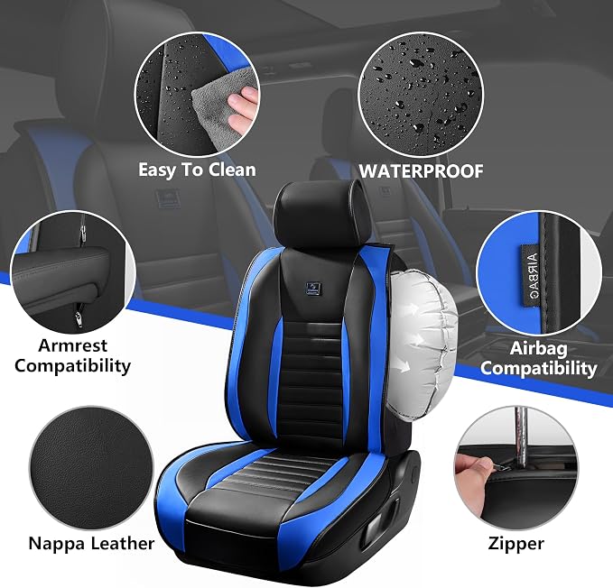 CAR PASS Nappa Leather Car Seat Covers Full Set, Luxury Seat Protector for Cars, Waterproof Anti-Slip Seat Cushion Armrest Compatible Airbag Universal for Sedan SUV Pick-up Truck Auto, Black Blue - Image 2