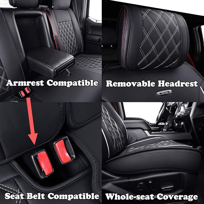 Car Seat Covers for Ford F150 F250 F350 F450 Truck (Black-White) | Custom Fit 2009-2026 F150 Crew Cab, 2017-2026 F250 F350 F450 Super Duty XLT STX XL Lariat Pickup, Waterproof Leather Full Set - Image 5