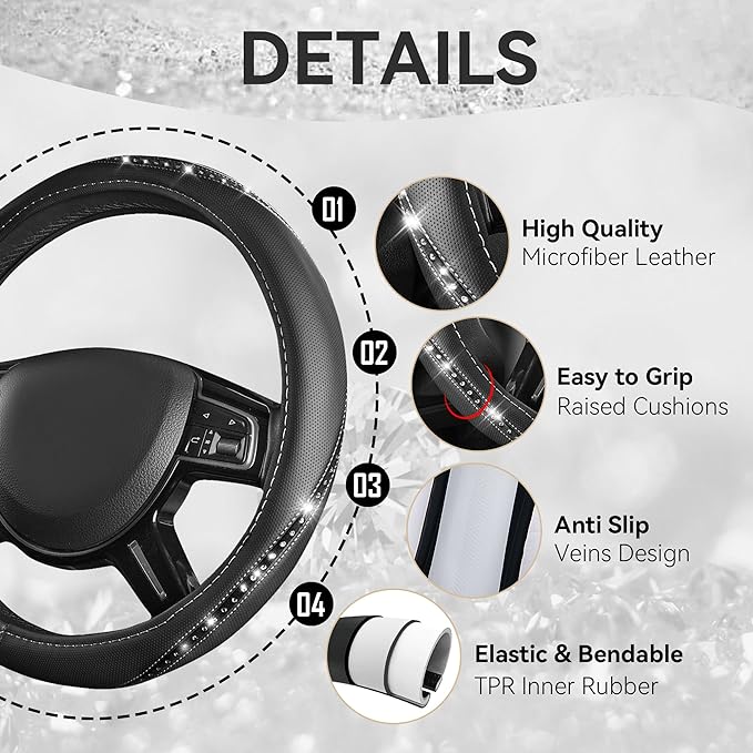 CAR PASS Bling Diamond Black Leather Steering Wheel Cover, Studded Crystal Rhinestones Universal Fit 14" 1/2-15" Glitter for Women Sparkle Girl Fit Suvs,Vans,Sedans,Car,Trucks, Silver Diamond - Image 5