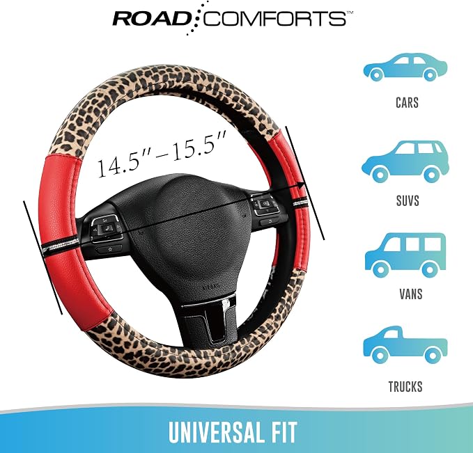 Road Comforts Leopard Steering Wheel Cover for Women, Cute Anti-Slip Microfiber Leather, Universal Fit 14.5-15 Inch Round Steering Wheel - Red - Image 6