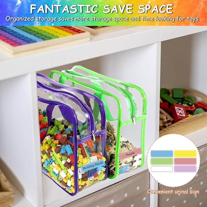 6 Color Large Toy Storage Bags with Labels, Reusable Clear PVC Board Game Storage, Travel Waterproof Organizer Bags with Zipper for Building Blocks, Puzzle, Kids Books - Image 5