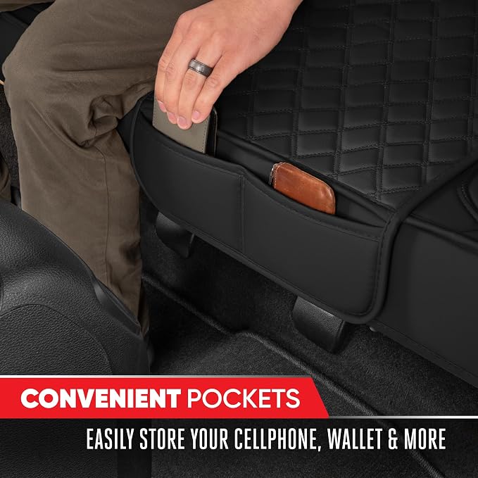 Motor Trend Rear Seat Cushion - Black Diamond Stitched Faux Leather Rear Seat Cover for Cars, Trucks, SUVs - Padded, Waterproof, Non-Slip Back Seat Cover with Storage Pockets - Image 4