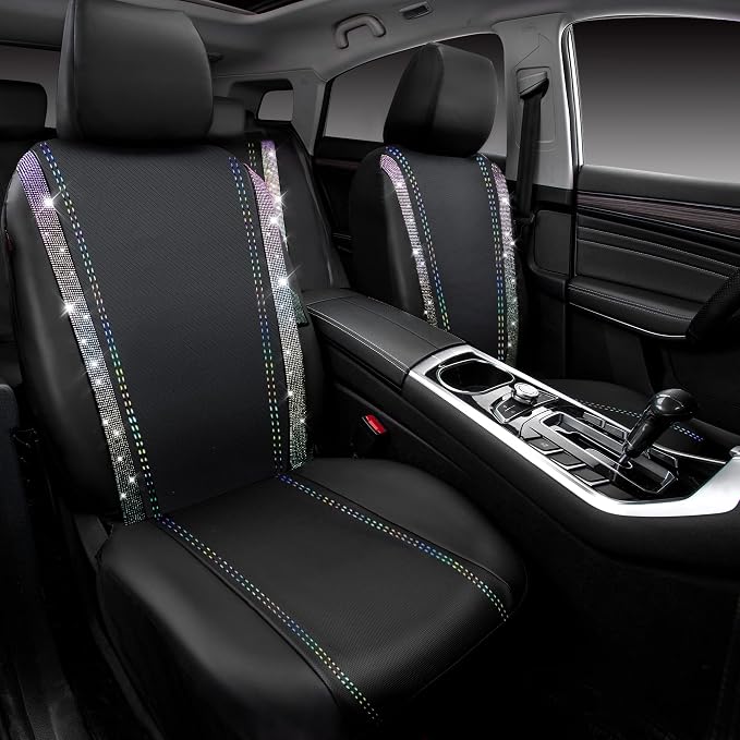 CAR PASS Bling Diamond Car Seat Covers Full Set, Shining Rhinestone Waterproof Faux Leather, Rear with Zipper, Universal Fit Automotive Glitter Crystal Sparkle Strips for Cute Women Girl,Muticolor - Image 2
