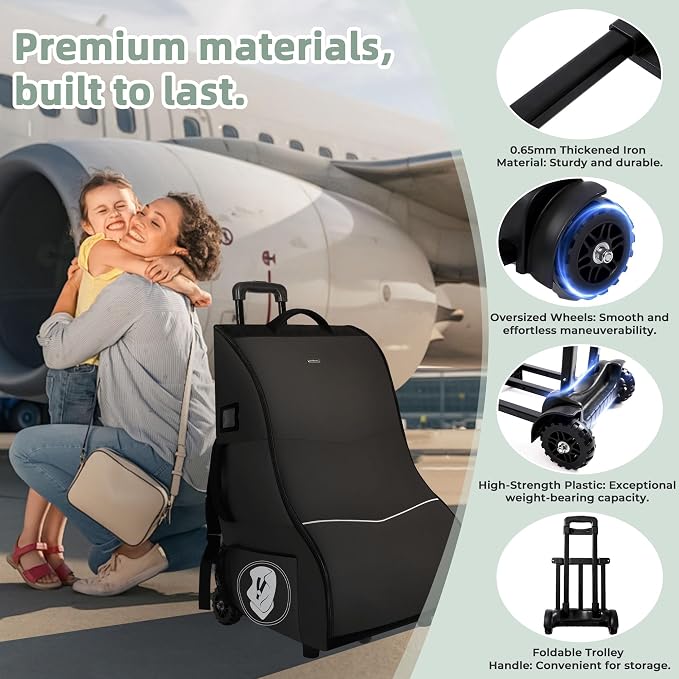 Rolling Car Seat Travel Bag with Wheels – Car Seat Backpack Transport Case for Airplane Travel, Fits Convertible & Booster Seats, Protective Storage Cover, Black - Image 4