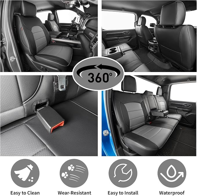 EKR Ram 1500 Seat Covers Custom Fit for (Quad Cab) RAM 1500 ST/SLT/Tradesman/Express/Big Horn/Outdoorsman 2011-2018,Waterproof Black Car Seat Cover for Trucks Full Set-Faux Leather (Black/Gray) - Image 6