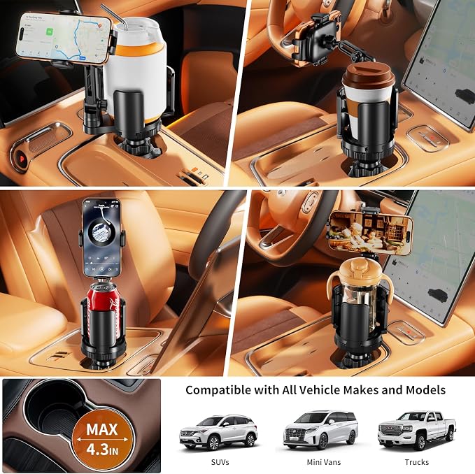 Phone Holders for Your Car, 2 in 1 Cup Holder Phone Mount with Expander | Secure Hold, Adjustable Base and Long Arm with 360°Rotation Car Phone Holder for 4-7‘’ iPhone, Samsung, and All Smartphones - Image 7