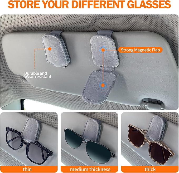 Shering Sunglasses Holders for Car Sun Visor, 2pack Magnetic Leather Glasses Eyeglass Hanger Clip for Car, Ticket Business Card Clip Eyeglasses Mount Car Visor Accessories (Grey) | Magnetic Leather Eyeglass Hanger Clip for Car Visor, One-Hand Easy Oper... - Image 2
