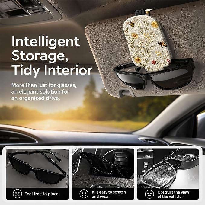 Sunglasses Holder for Car Visor, PU Leather Glasses Clip Organizer, Cute Magnetic Eyeglass Holder for Vehicle Sun Visor, Car Interior Accessory for Women & Men, Bee Flowers - Image 2