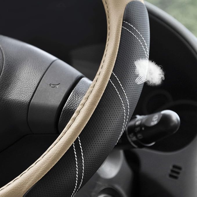 Elantrip Steering Wheel Cover Leather 15 1/2 to 16 inch Universal Large Soft Grip Breathable for Car Truck SUV Jeep Anti Slip Beige - Image 3