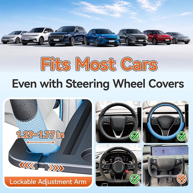 2-in-1 Steering Wheel Tray and Car Seat Gap Organizer for Drivers, Adjustable Food Tray and Laptop Desk Table for Eating, Working, Writing, Road Trips, Fits Most Cars, SUVs and Minivans - Image 2