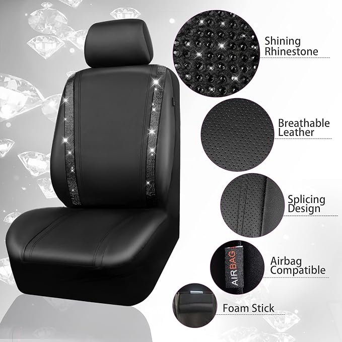 CAR PASS Leather Bling Diamond Car Seat Covers Full Set, Shining Rhinestone Waterproof Durable Rear with Zipper, Universal Fit Automotive Glitter Crystal Sparkle Strip for Cute Women Girly Black - Image 9