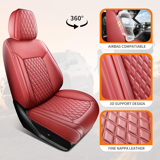 Red Burgundy Thick Nappa Leather Automotive Car Seat Covers Set of 1 | Univerasal Fit,3D Contoured,Full Coverage,Waterproof,ThickTexture Nappa Leather,for most Suvs Trucks Sedans - Image 3