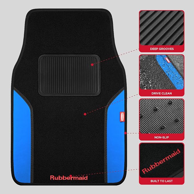 Rubbermaid Car Mats, Carpeted Floor Car Mat with Faux Leather & Built-in Heel Pad, Two-Tone Car Rug Floor Mats, Stylish Carpeted Floor Mats for Cars, Trucks & SUVs Blue Color - Image 3