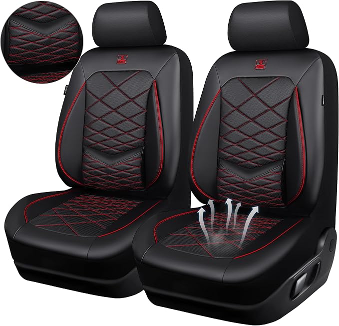 CAR PASS Luxury Nappa Leather Front Seat Covers, Water Resistant 3D Foam Seat Covers with Lumbar Support, Breathable Auto Seat Cover Airbag Compatible Universal Fit for Sedan SUV Van Truck, Black Red - Image 8