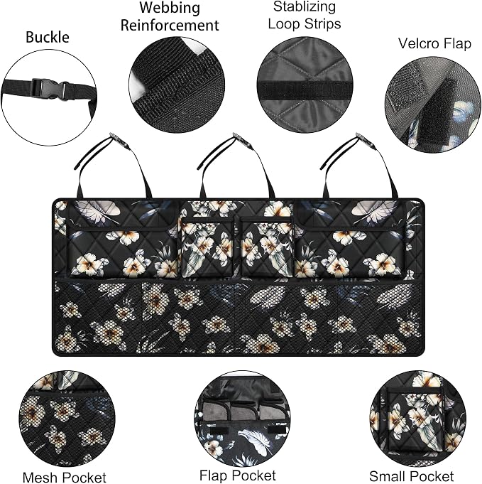 Femuar Car Trunk Organizer, Large Capacity Backseat Trunk Organizer (42"*18"), Collapsible Car Storage Bag with 8 Pockets - Hibiscus - Image 4