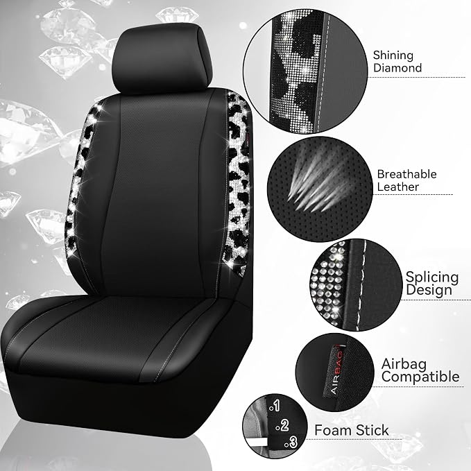 CAR PASS Cow Diamond Leather Bling Car Seat Covers Universal, Faux Shining Rhinestones Two Front only, Fit 95% Automotive Glitter Crystal Sparkle Strips for Cute Women Girl, 2PCS Cow Silver Diamond - Image 3