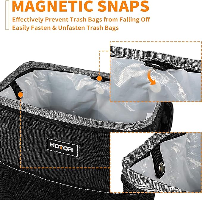 HOTOR Car Trash Can, Compact Waterproof Organizer, Leak-Proof Bin, 3-Gallon | Black, Multifunctional Car Accessory with Adjustable Straps & Magnetic Snaps for Interior Car Storage - Image 3
