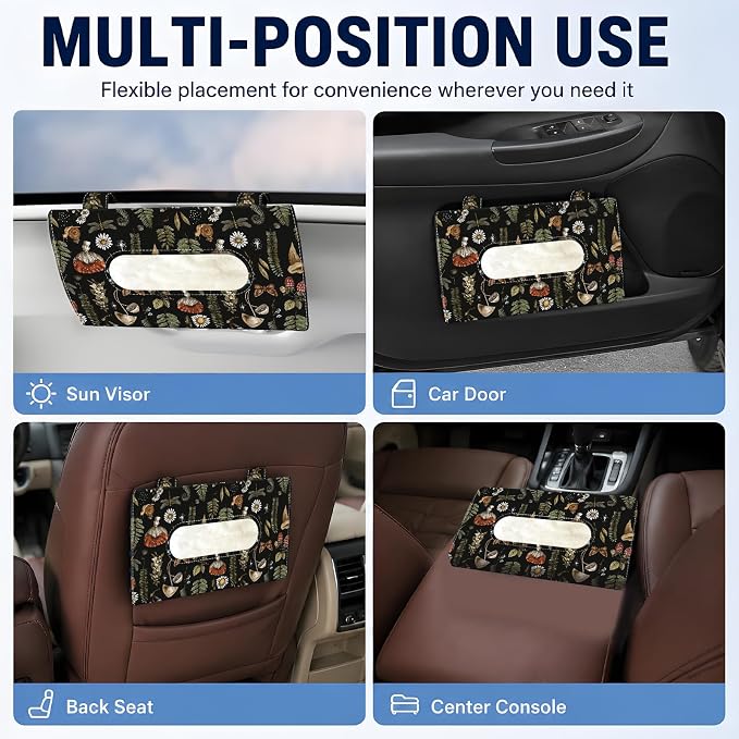 Car Tissue Holder, Cute Sun Visor Napkin Holder Backseat Tissue Case, PU Leather Tissue Box, Funny Car Accessories for Women Men Brown Cute Boho Mushrooms - Image 5
