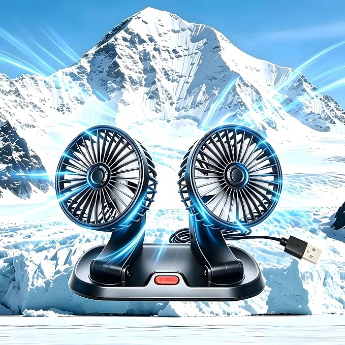 5V USB Dual Car Fan for SUV/Truck/RV, 2-Speed 360° Rotate, No AC Required | Universal compatibility (cars/trucks/RVs/tractors/UTVs)，Dual-head independent 360° rotation，2-speed turbo airflow by Unknown