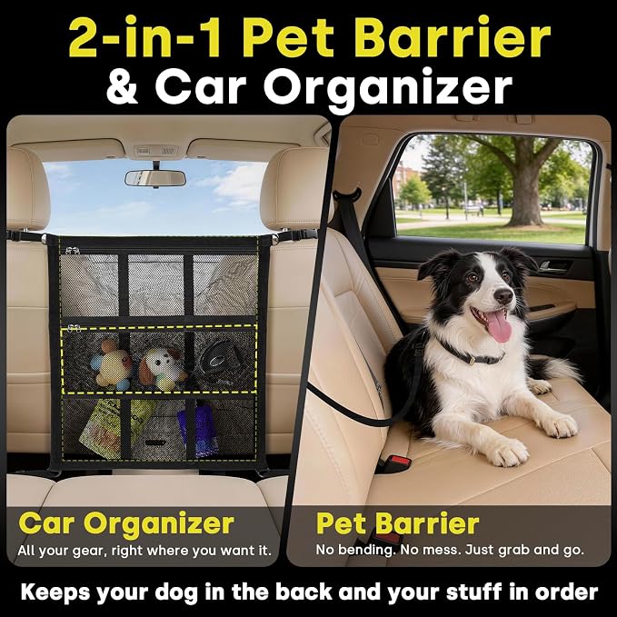 JOENIE Upgraded Dog Car Barrier, Tool-Free Easy Install, Adjustable 22x25 Inch Universal Fit for SUV Sedan Truck, Double-Layer Mesh with Zip Pockets, Sturdy & Breathable - Image 7